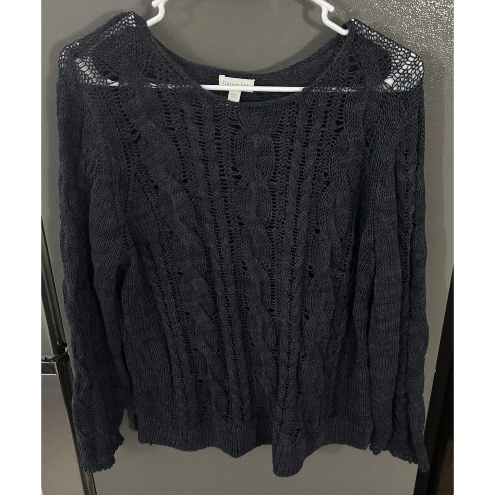 Garnet Hill Sweater Women's Large Easy Cable‎ Knit Linen Blend Navy Costal Boho